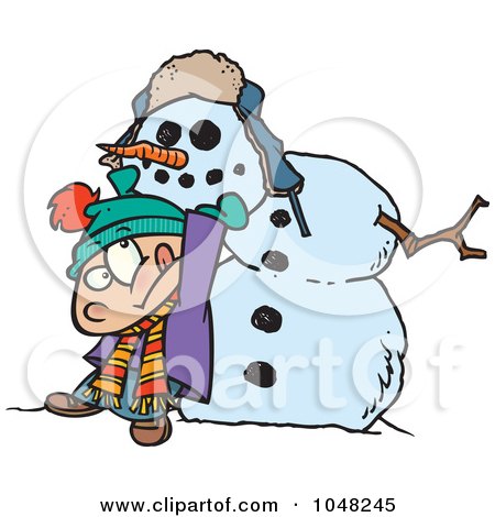 Royalty-Free (RF) Clip Art Illustration of a Cartoon Boy Putting A Head On A Snowman by toonaday