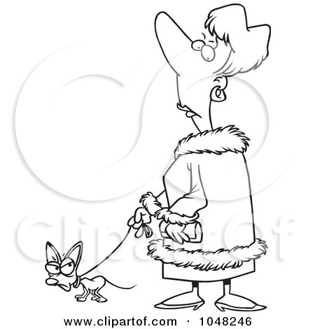 Royalty-Free (RF) Clip Art Illustration of a Cartoon Black And White Outline Design Of A Snotty Woman Walking Her Tiny Dog by toonaday