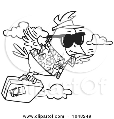 Royalty-Free (RF) Clip Art Illustration of a Cartoon Black And White Outline Design Of A Traveling Bird Flying With Luggage by toonaday