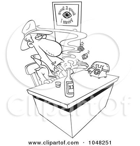 Royalty-Free (RF) Clip Art Illustration of a Cartoon Black And White Outline Design Of A Snoop In An Office by toonaday