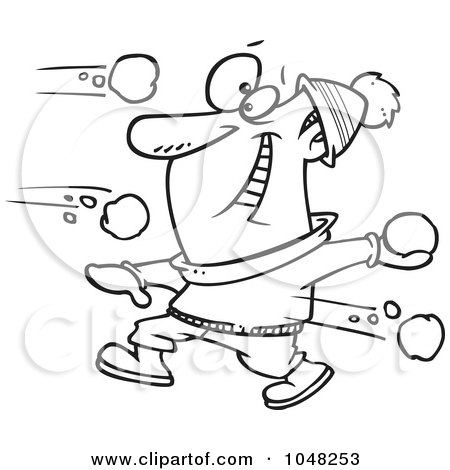 Royalty-Free (RF) Clip Art Illustration of a Cartoon Black And White Outline Design Of A Guy In A Snowball Fight by toonaday