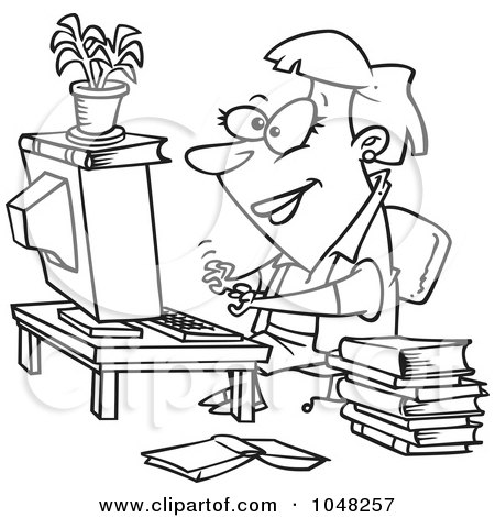Royalty-Free (RF) Clip Art Illustration of a Cartoon Black And White Outline Design Of A Businesswoman Working On A Computer by toonaday
