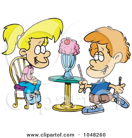 Royalty-Free (RF) Clip Art Illustration of a Cartoon Boy And Girl Sharing A Milkshake by toonaday