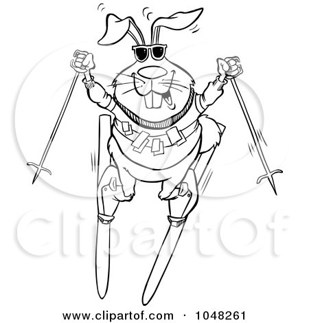 Royalty-Free (RF) Clip Art Illustration of a Cartoon Black And White Outline Design Of A Skiing Rabbit by toonaday