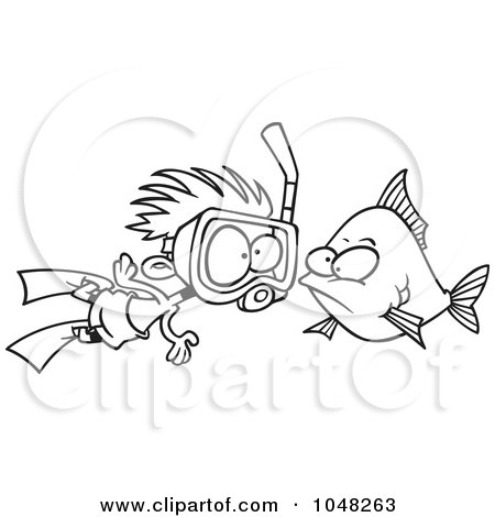 Royalty-Free (RF) Clip Art Illustration of a Cartoon Black And White Outline Design Of A Snorkeler Boy By A Fish by toonaday