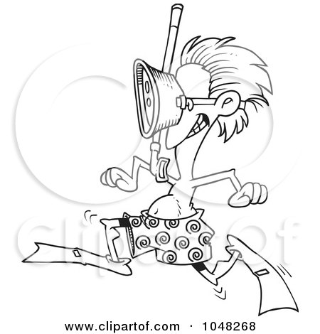 Royalty-Free (RF) Clip Art Illustration of a Cartoon Black And White Outline Design Of A Running Snorkeler by toonaday