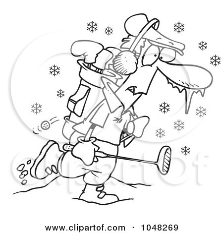 Royalty-Free (RF) Clip Art Illustration of a Cartoon Black And White Outline Design Of A Winter Golfer by toonaday