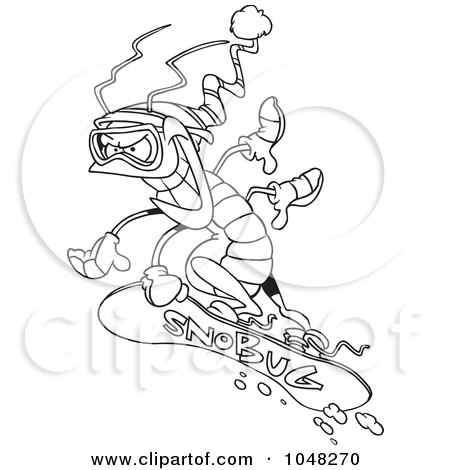 Royalty-Free (RF) Clip Art Illustration of a Cartoon Black And White Outline Design Of A Snowboarding Bug by toonaday