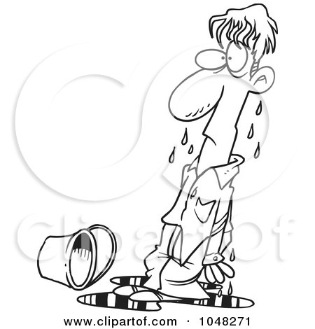 Royalty-Free (RF) Clip Art Illustration of a Cartoon Black And White Outline Design Of A Soaked Guy by toonaday