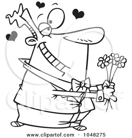 Royalty-Free (RF) Clip Art Illustration of a Cartoon Black And White Outline Design Of A Sweet Guy by toonaday