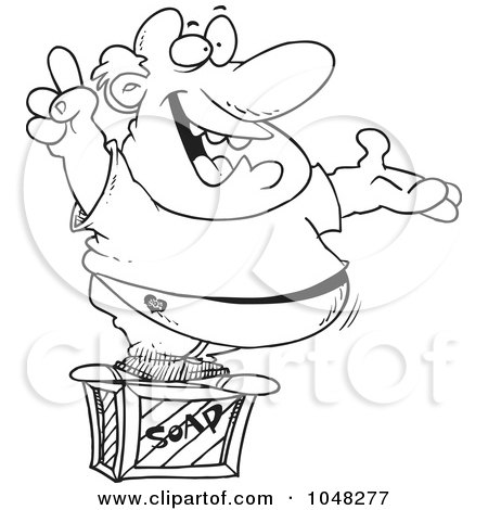 Royalty-Free (RF) Clip Art Illustration of a Cartoon Black And White Outline Design Of A Man Announcing On A Soap Box by toonaday
