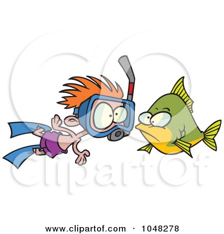 Royalty-Free (RF) Clip Art Illustration of a Cartoon Snorkeler Boy By A Fish by toonaday