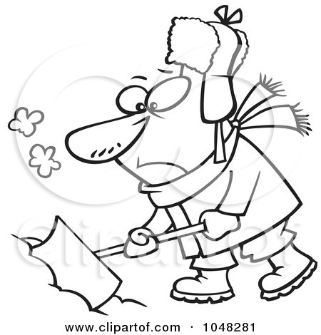 Royalty-Free (RF) Clip Art Illustration of a Cartoon Black And White Outline Design Of A Grumpy Snow Shoveler by toonaday