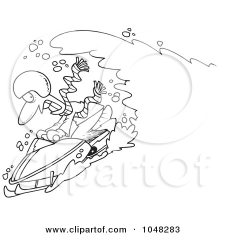 Royalty-Free (RF) Clip Art Illustration of a Cartoon Black And White Outline Design Of A Snow Chasing A Snowmobiling Guy by toonaday