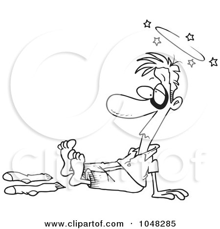 Royalty-Free (RF) Clip Art Illustration of a Cartoon Black And White Outline Design Of Socks Knocked Off A Guy by toonaday