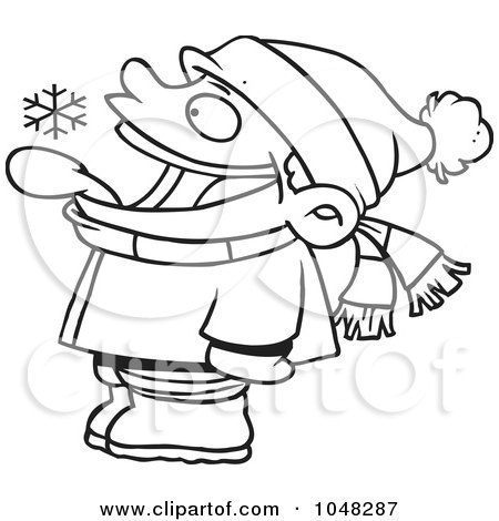 Royalty-Free (RF) Clip Art Illustration of a Cartoon Black And White Outline Design Of A Boy Catching Snowflakes With His Tongue by toonaday