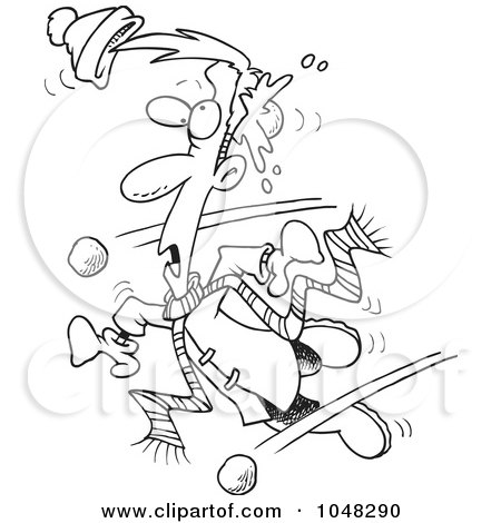 Royalty-Free (RF) Clip Art Illustration of a Cartoon Black And White Outline Design Of A Man Being Hit With Snowballs by toonaday