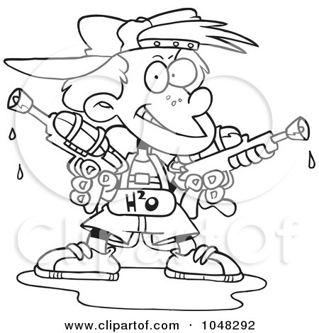 Royalty-Free (RF) Clip Art Illustration of a Cartoon Black And White Outline Design Of A Boy Holding Two Soaker Guns by toonaday