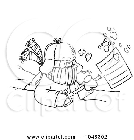 Royalty-Free (RF) Clip Art Illustration of a Cartoon Black And White Outline Design Of A Snow Shoveler by toonaday