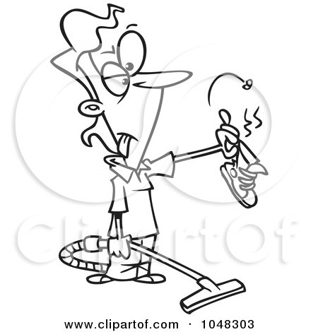 Royalty-Free (RF) Clip Art Illustration of a Cartoon Black And White Outline Design Of A Vacuuming Woman Holding A Stinky Shoe by toonaday