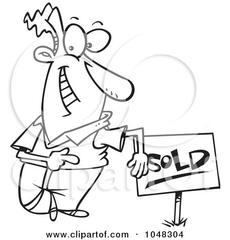 Royalty-Free (RF) Clip Art Illustration of a Cartoon Black And White Outline Design Of A Guy With A Sold Sign by toonaday