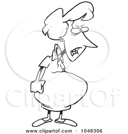 Royalty-Free (RF) Clip Art Illustration of a Cartoon Black And White Outline Design Of A Snarly Pregnant Woman by toonaday