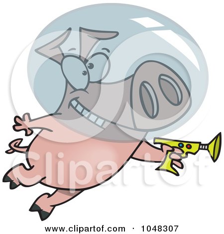 Royalty-Free (RF) Clip Art Illustration of a Cartoon Space Pig Using A Ray Gun by toonaday