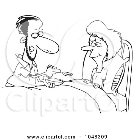 Royalty-Free (RF) Clip Art Illustration of a Cartoon Black And White Outline Design Of A Man Spoon Feeding His Wife by toonaday