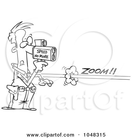 Royalty-Free (RF) Clip Art Illustration of a Cartoon Black And White Outline Design Of A Cop Using A Speed Gun On A Speeder by toonaday