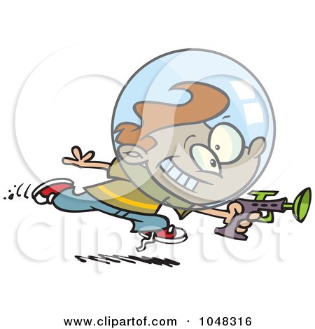 Royalty-Free (RF) Clip Art Illustration of a Cartoon Space Boy Using A Ray Gun by toonaday