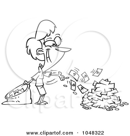 Royalty-Free (RF) Clip Art Illustration of a Cartoon Black And White Outline Design Of A Businesswoman Spending Cash by toonaday