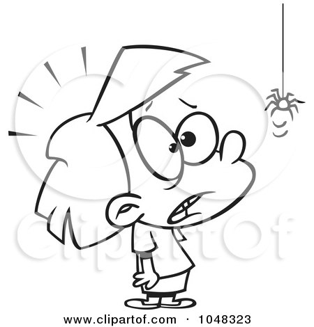 Royalty-Free (RF) Clip Art Illustration of a Cartoon Black And White Outline Design Of A Girl Afraid Of Spiders by toonaday