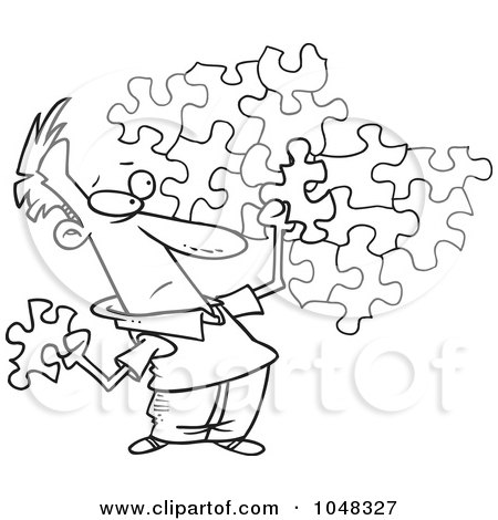 Royalty-Free (RF) Clip Art Illustration of a Cartoon Black And White Outline Design Of A Guy Trying To Assemble A Puzzle by toonaday