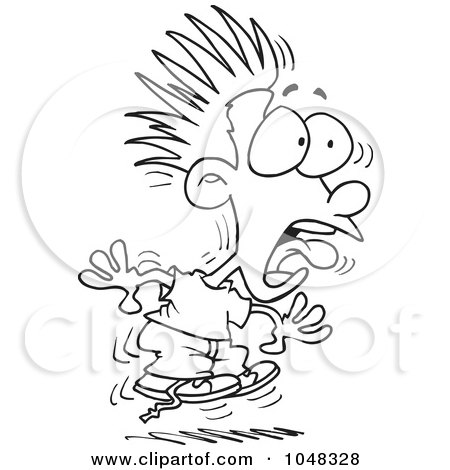 Royalty-Free (RF) Clip Art Illustration of a Cartoon Black And White Outline Design Of A Scared Boy by toonaday