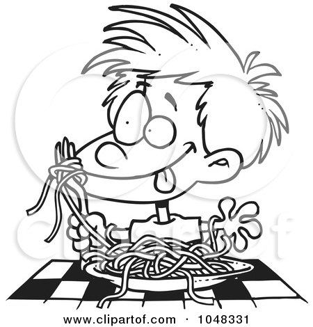 Royalty-Free (RF) Clip Art Illustration of a Cartoon Black And White Outline Design Of A Messy Boy Chowing Down On Spaghetti by toonaday