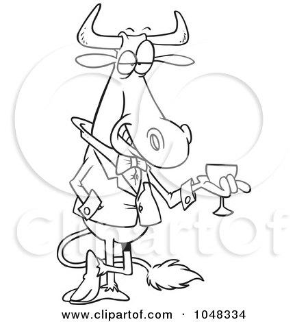 Royalty-Free (RF) Clip Art Illustration of a Cartoon Black And White Outline Design Of A Sophisticated Bull With Wine by toonaday