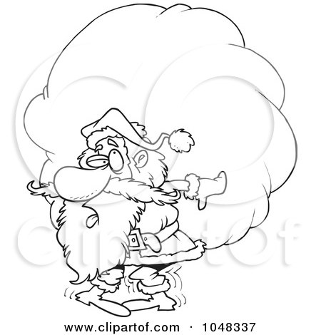 Royalty-Free (RF) Clip Art Illustration of a Cartoon Black And White Outline Design Of Santa Carrying A Heavy Sack by toonaday