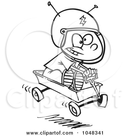 Royalty-Free (RF) Clip Art Illustration of a Cartoon Black And White Outline Design Of A Boy Pretending To Ride A Space Wagon by toonaday