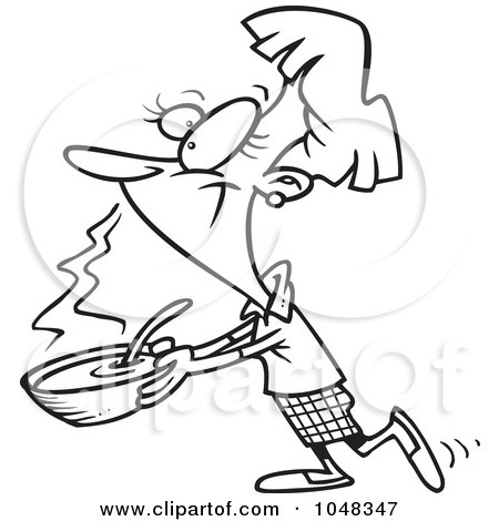 Royalty-Free (RF) Clip Art Illustration of a Cartoon Black And White Outline Design Of A Woman Carrying Soup by toonaday