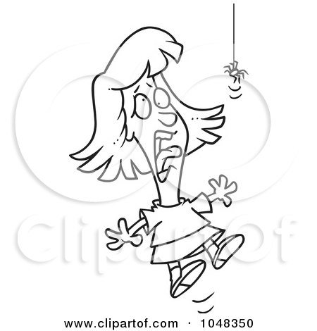Royalty-Free (RF) Clip Art Illustration of a Cartoon Black And White Outline Design Of A Girl Screaming At A Spider by toonaday