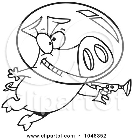 Royalty-Free (RF) Clip Art Illustration of a Cartoon Black And White Outline Design Of A Space Pig Using A Ray Gun by toonaday
