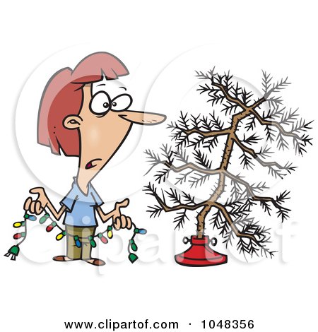 Royalty-Free (RF) Clip Art Illustration of a Cartoon Woman Decorating A Sparse Xmas Tree by toonaday