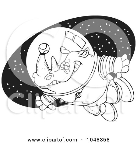 Royalty-Free (RF) Clip Art Illustration of a Cartoon Black And White Outline Design Of A Rhino Astronaut With A Tennis Ball by toonaday