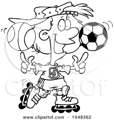 Royalty-Free (RF) Clip Art Illustration of a Cartoon Black And White Outline Design Of A Sporty Girl Roller Blading With A Basketball And Soccer Ball by toonaday