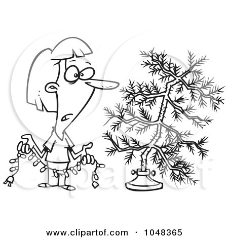 Royalty-Free (RF) Clip Art Illustration of a Cartoon Black And White Outline Design Of A Woman Decorating A Sparse Xmas Tree by toonaday