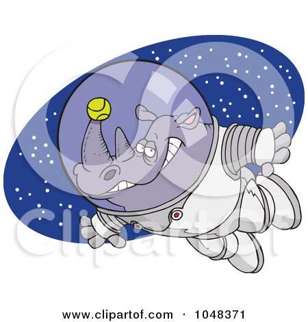 Royalty-Free (RF) Clip Art Illustration of a Cartoon Rhino Astronaut With A Tennis Ball by toonaday