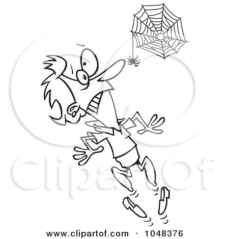 Royalty-Free (RF) Clip Art Illustration of a Cartoon Black And White Outline Design Of A Spider Scaring A Woman by toonaday