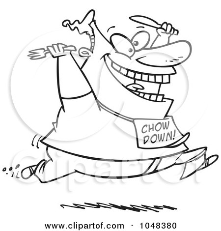 Royalty-Free (RF) Clip Art Illustration of a Cartoon Black And White Outline Design Of A Man Running For Food by toonaday