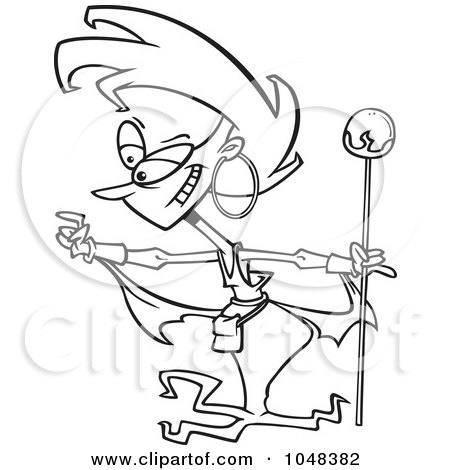 Royalty-Free (RF) Clip Art Illustration of a Cartoon Black And White Outline Design Of A Sorceress by toonaday