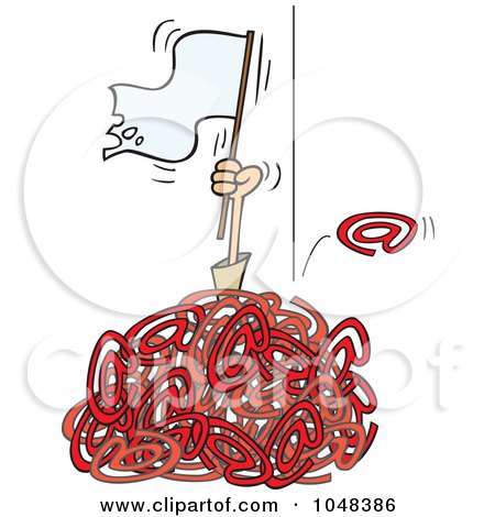 Royalty-Free (RF) Clip Art Illustration of a Cartoon Man Waving A White Flat In A Pile Of Spam Email by toonaday